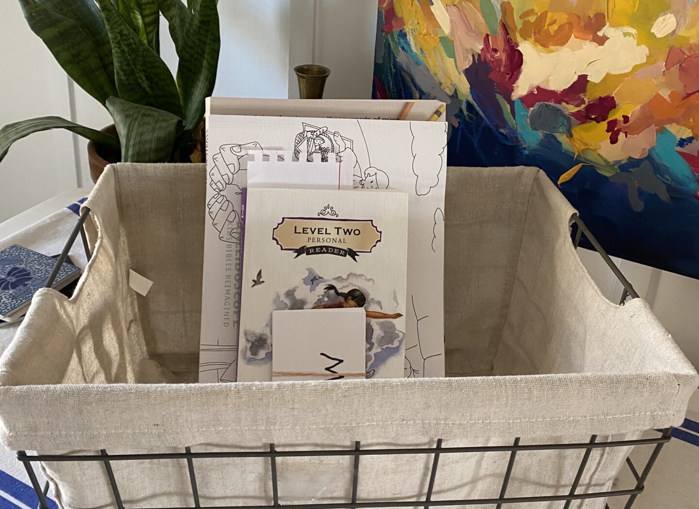 Hands-off morning basket with reader, flashcards, and coloring book