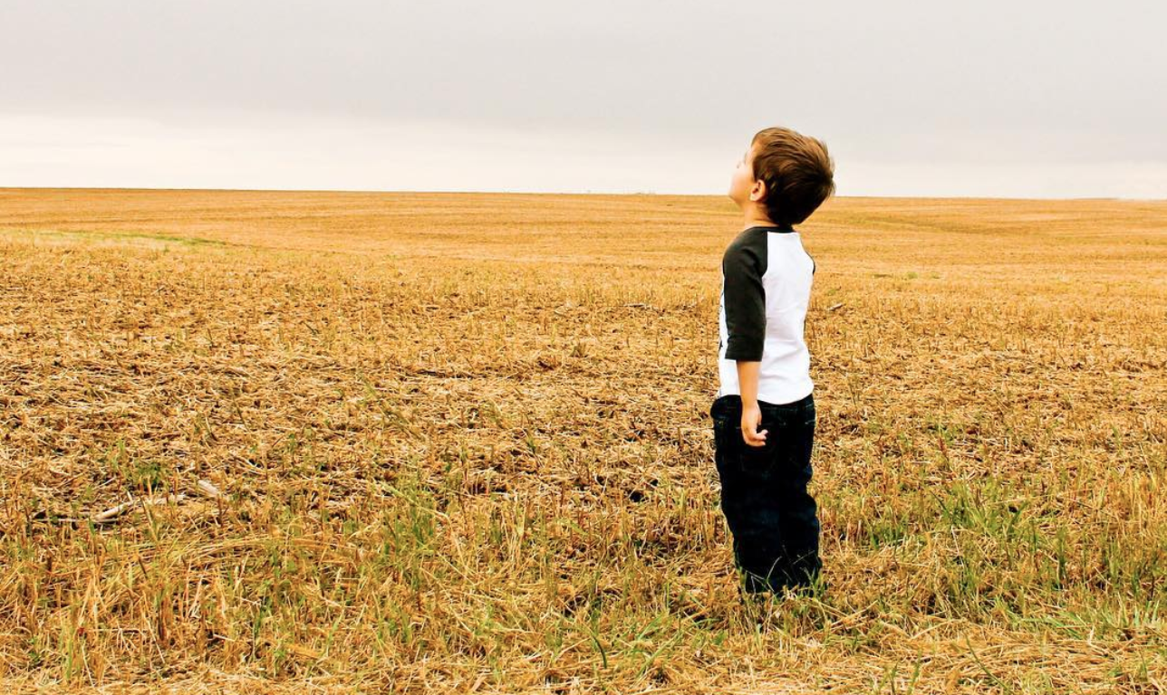 small boy in a wide open field 