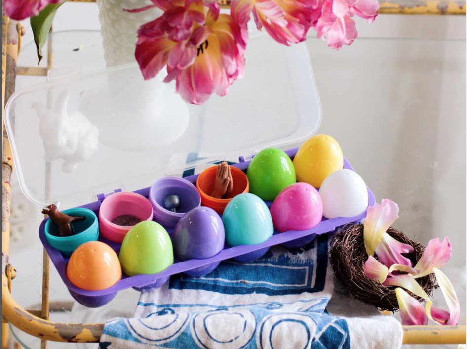 Resurrection Eggs under a bouquet of open tulips